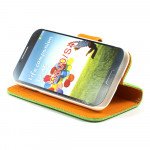 Wholesale Samsung Galaxy S4 Anti-Slip Flip Leather Wallet Case with Stand (Green-Orange)